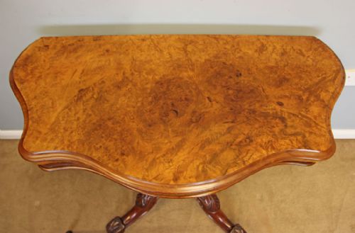 VICTORIAN ANTIQUE BURR WALNUT SERPENTINE FRONT CARD GAMES TABLE - ADDITIONAL PHOTO 11