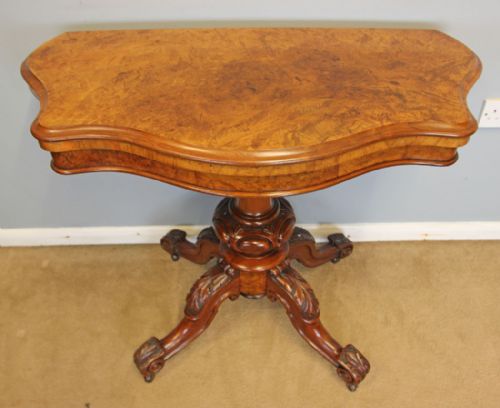 VICTORIAN ANTIQUE BURR WALNUT SERPENTINE FRONT CARD GAMES TABLE - ADDITIONAL PHOTO 12