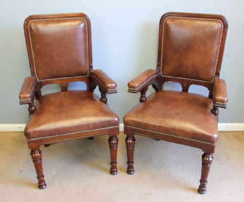 Pair Antique Leather Library Mahogany Armchair Desk Chairs