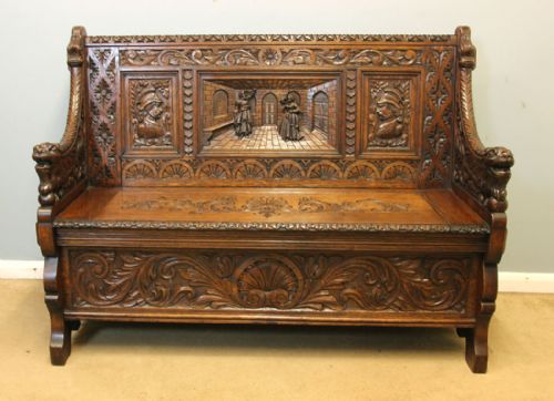 Antique Victorian Carved Oak Monks Bench Settle