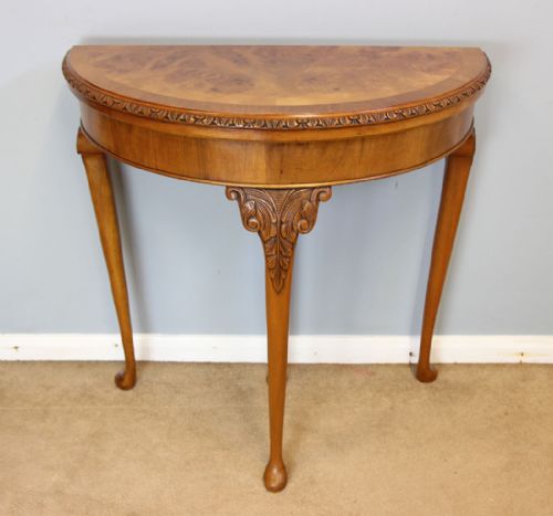 Antique Burr Walnut Demi Lune Games Card Lamp Side Table