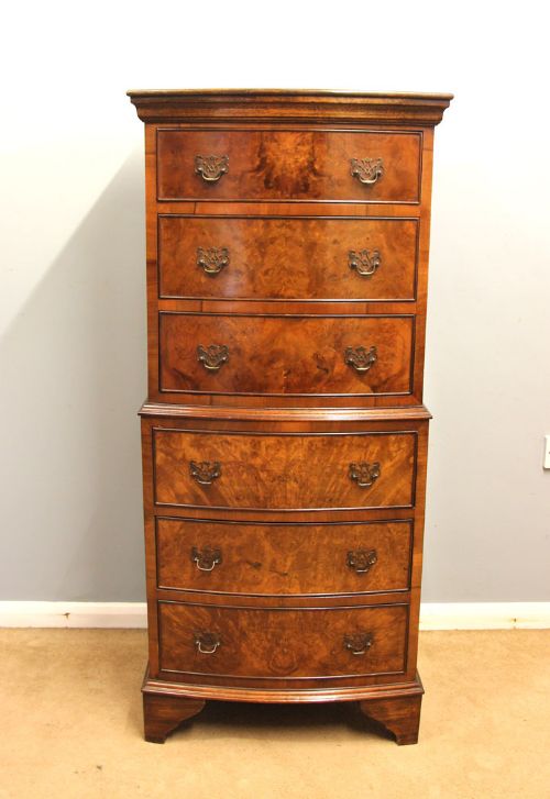 Georgian Style Burr Walnut Bow Front Chest on Chest of Drawers