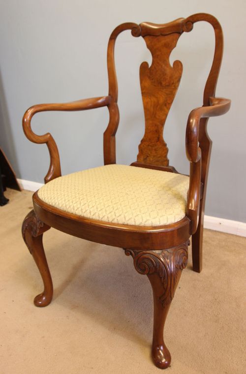 fig 1. Antique Set Six Burr Walnut Queen Anne Style Dining Chairs
