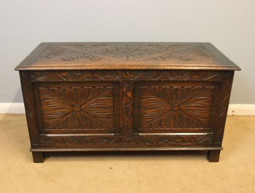 Carved Oak Antique Coffer Chest Blanket Box