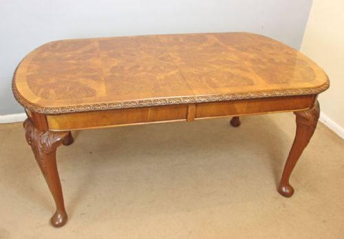 fig 1. Antique Burr Walnut Queen Anne Style Extending Dining Table