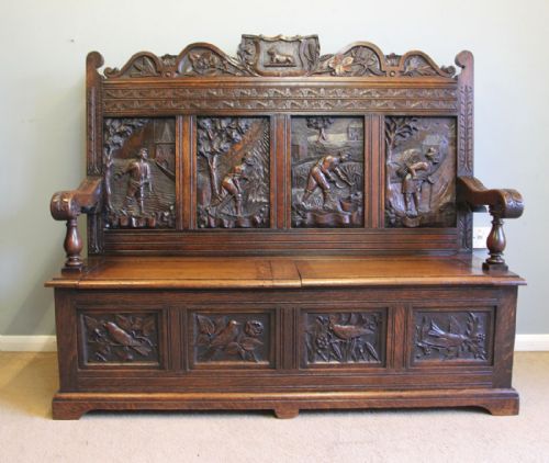 Antique 19th Century Carved Oak Monks Bench Hall Settle