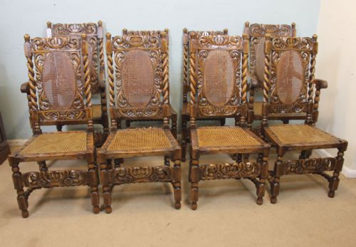 Antique Set of Eight Jacobean Style Walnut Dining Chairs