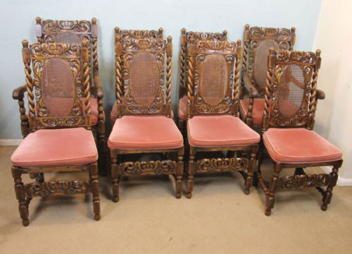 fig 1. Antique Set of Eight Jacobean Style Walnut Dining Chairs