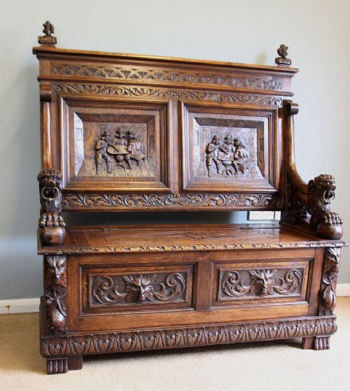 Antique 19th Century Carved Monks Bench Oak Settle