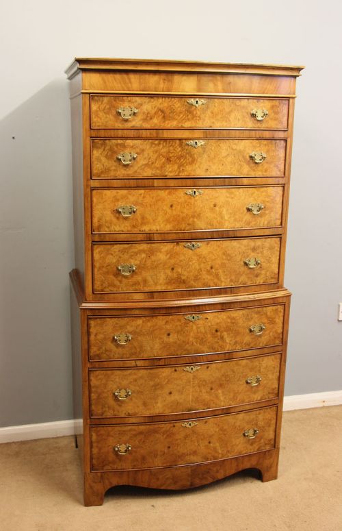 Burr Walnut Antique Bow Front Tallboy Chest Drawers