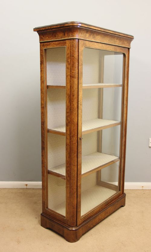 fig 1. Victorian Quality Burr Walnut Tall Display Vitrine Pier Cabinet