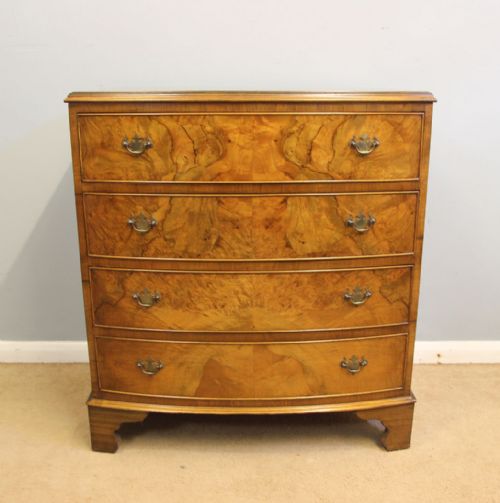 Antique Burr Walnut Bow Fronted Chest of Drawers