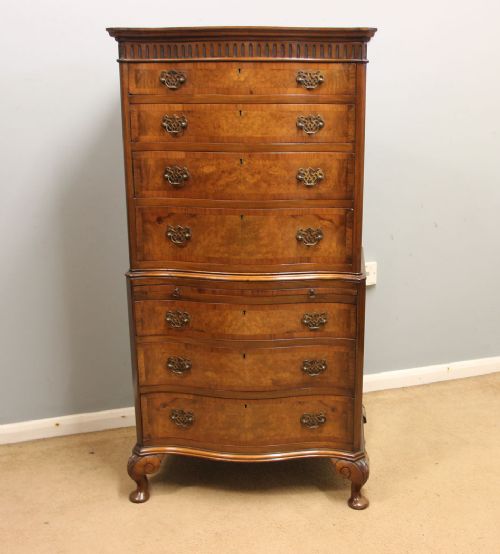 Antique Burr Walnut Tallboy Chest on Chest Drawers
