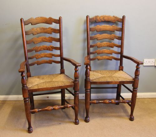 Pair Ladder Back Dining Carver Chairs Armchairs