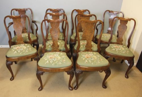 fig 1. Antique Set of Ten Burr Walnut Dining Chairs