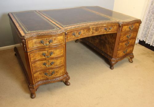 LARGE ANTIQUE BURR WALNUT KNEEHOLE PARTNERS PEDESTAL WRITING DESK - ADDITIONAL PHOTO 9