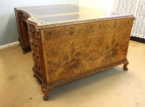 LARGE ANTIQUE BURR WALNUT KNEEHOLE PARTNERS PEDESTAL WRITING DESK - ADDITIONAL PHOTO 10