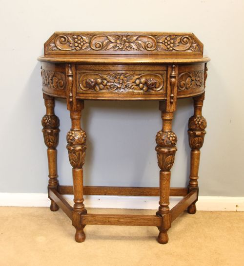 Antique Jacobean Style Carved Oak Demi Lune Side Table