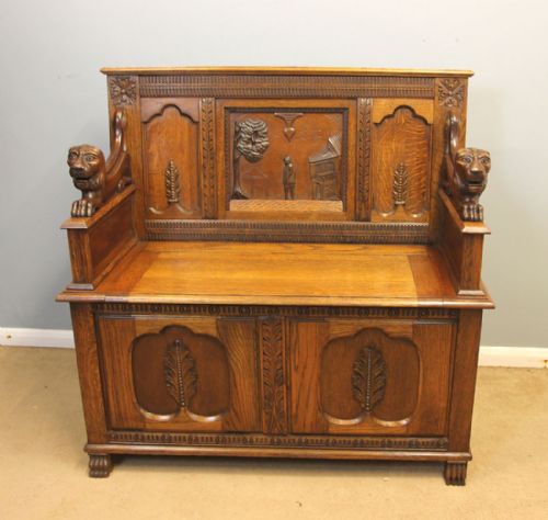 Antique Oak Monks Bench Hall Seat Settle