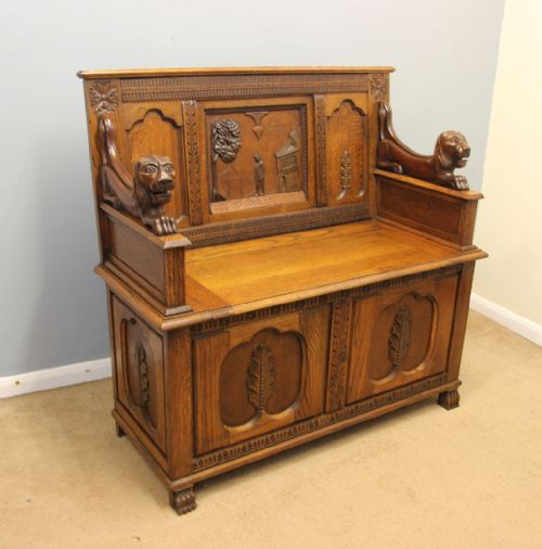 fig 1. Antique Oak Monks Bench Hall Seat Settle
