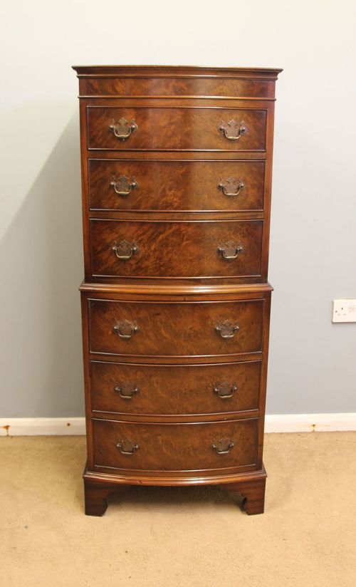Burr Walnut Bow Front Tallboy Chest on Chest