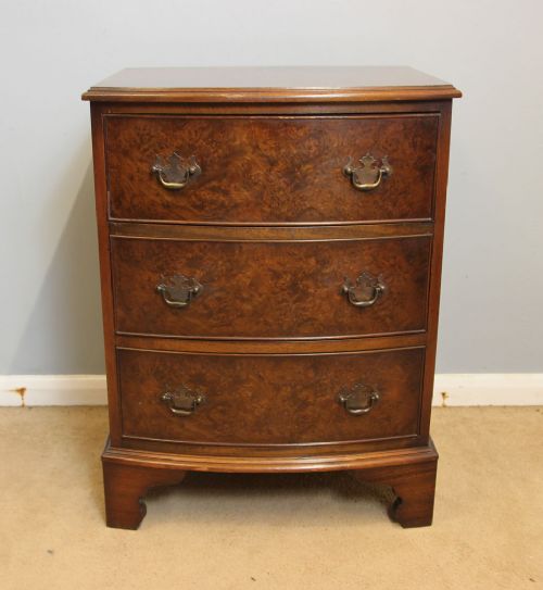 Small Bow Front Burr Walnut Bedside Chest Drawers