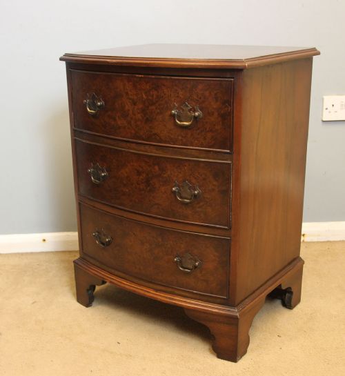 fig 1. Small Bow Front Burr Walnut Bedside Chest Drawers
