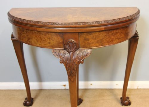fig 1. Antique Burr Walnut Demi Lune Card Side Table