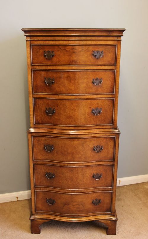 Burr Walnut Tallboy Chest on Chest of Drawers