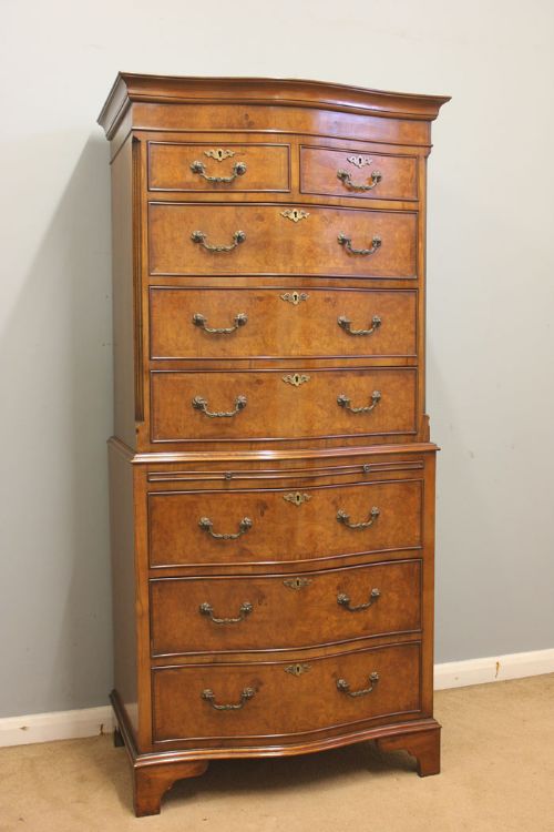 Antique Burr Walnut Tallboy Chest on Chest of Drawers