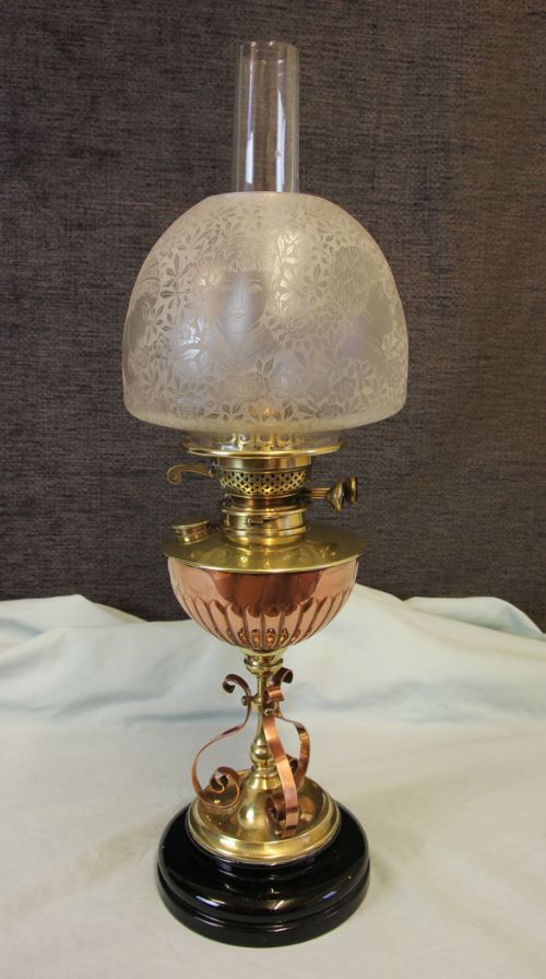 Antique Copper & Brass Table Oil Lamp & Shade