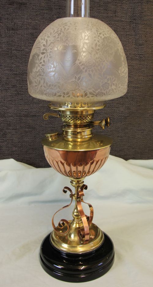 fig 1. Antique Copper & Brass Table Oil Lamp & Shade
