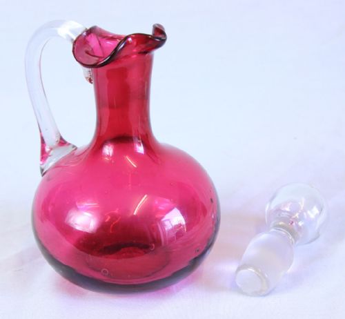 ANTIQUE CRANBERRY GLASS OIL VINEGAR DECANTER BOTTLE - ADDITIONAL PHOTO 2
