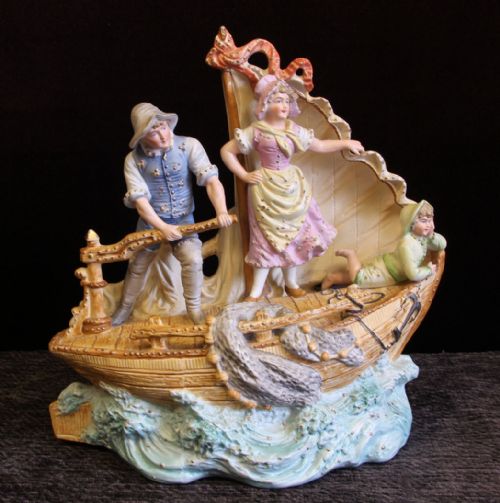ANTIQUE CERAMIC BISQUE FIGURES ON FISHING BOAT - ADDITIONAL PHOTO 1