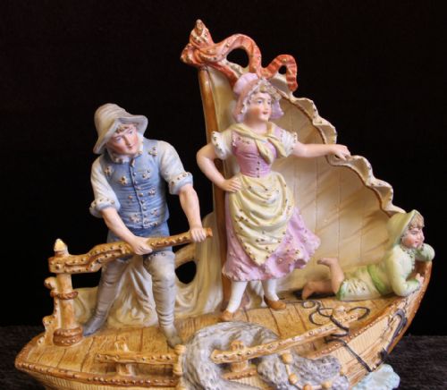 ANTIQUE CERAMIC BISQUE FIGURES ON FISHING BOAT - ADDITIONAL PHOTO 2