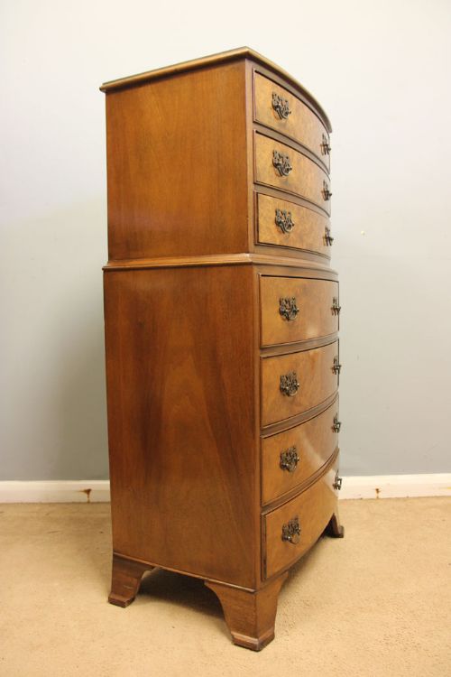 fig 1. Antique Small Burr Walnut Bow Front Chest on Chest of Drawers