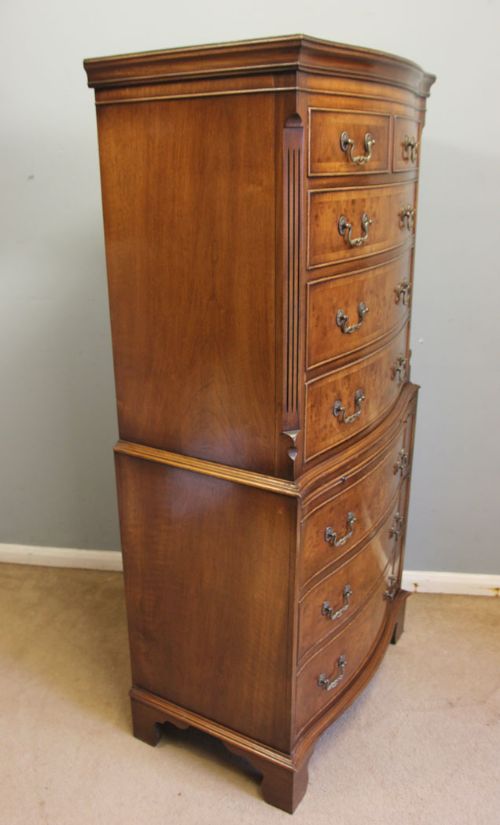 fig 1. Burr Walnut Tallboy Chest on Chest of Drawers