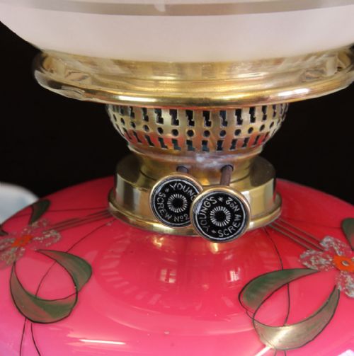 ANTIQUE OIL LAMP WITH PINK FONT ETCHED SHADE - ADDITIONAL PHOTO 3