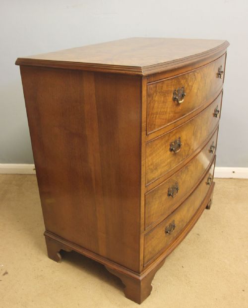 fig 1. Antique Bow Front Burr Walnut Chest of Drawers