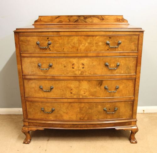 ANTIQUE FIGURED WALNUT BOW FRONT CHEST OF DRAWERS - ADDITIONAL PHOTO 7