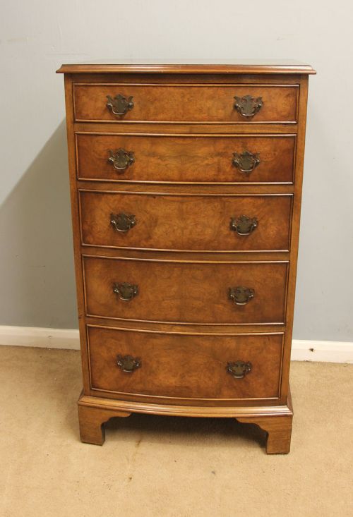 ANTIQUE BURR WALNUT BOW FRONT CHEST OF DRAWERS