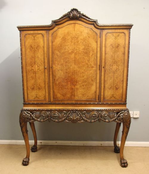 ANTIQUE BURR WALNUT THREE DOOR SIDE CABINET