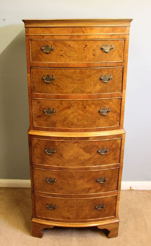 ANTIQUE BURR WALNUT CHEST ON CHEST OF DRAWERS