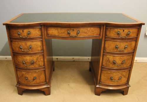 ANTIQUE BURR WALNUT KNEE HOLE PEDESTAL WRITING DESK
