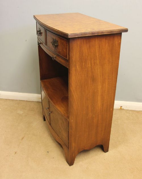 A pair of antique burr walnut bedside cabinets featuring top drawers, pull-out slides, open middle shelves, and double-door lower cupboards. View VIII