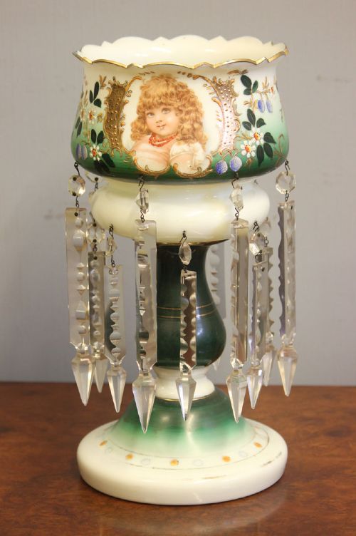 A Victorian opaque white and green glass mantle lustre featuring a hand-painted portrait vignette of a child, floral enamel accents, and suspended crystal prisms. View II