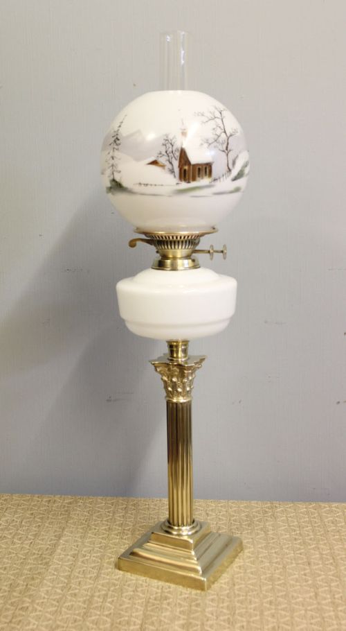 Antique Corinthian Column Oil Lamp with Snow Winter Scene Shade