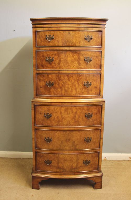 Burr Walnut Bow Front Chest on Chest of Drawers