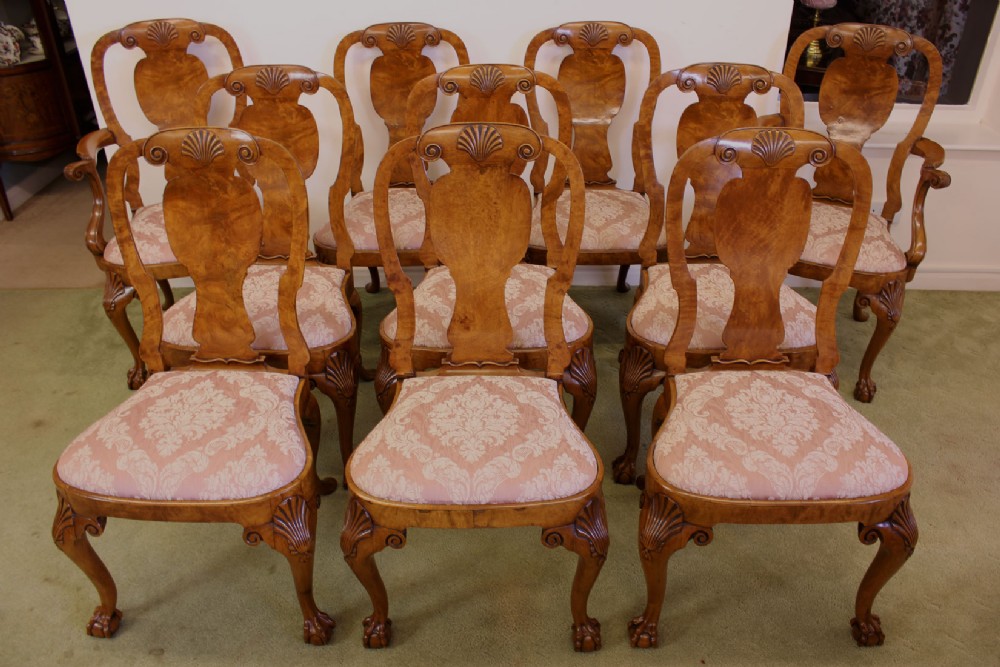 Antique Walnut Set Of Ten Dining Chairs