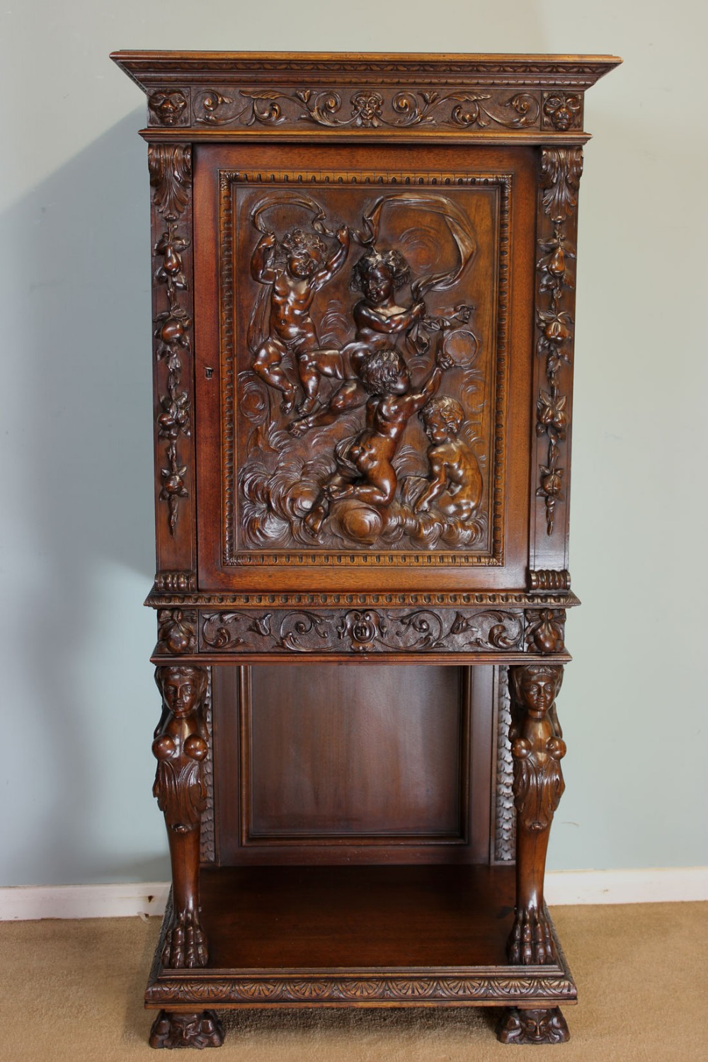 Antique Walnut Carved Side Cabinet. 